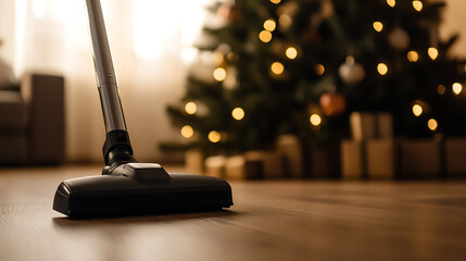 Vacuuming the floor in a cozy living room with a softly lit Christmas tree in the background, creating a warm, festive and clean atmosphere.