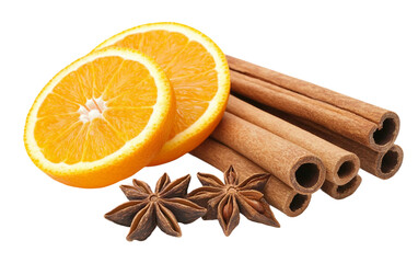 Cinnamon sticks and star anise with orange slices arranged on a rustic wooden surface isolated on transparent background PNG
