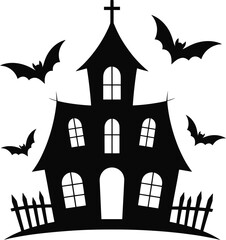 Spooky haunted house with bats and a church on transparent background silhouette