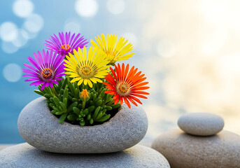 Colorful flowers in stone planter with stacked pebbles