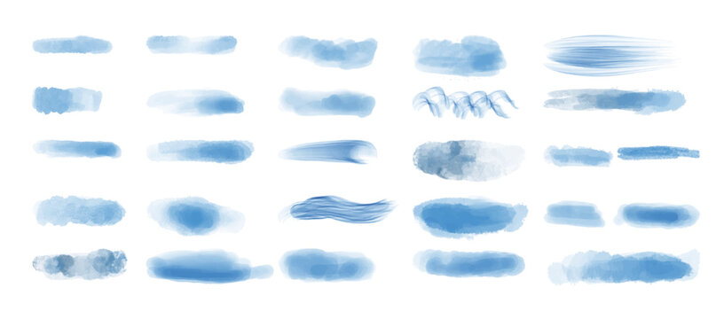 Blue watercolor stains, brushstrokes, background, form, design element. Colorful hand painted texture, wash. Abstract clouds, sea, water texture. 