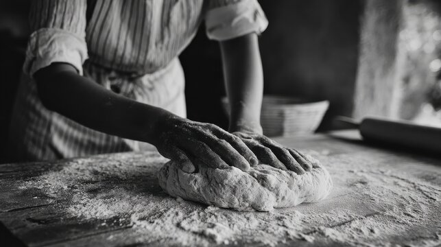 woman preparing dough for gnocchi inside pasta factory  soft focus on right hand  black and white editing no logos no brands ar 169