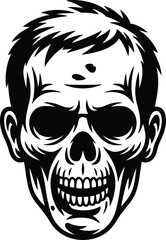 Detailed skull with hair illustration black and white design on transparent background silhouette