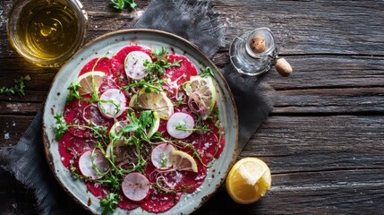 fresh carpaccio salad with wine vinegar set with radish and garnet on plate on old dark wooden table background top view flat lay with copy space for text no logos no brands ar 169