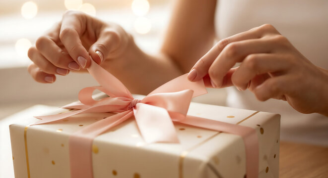 Hands tying a pink ribbon on a gift box.