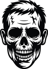 Detailed skull illustration with hair and cracks a striking silhouette on transparent background