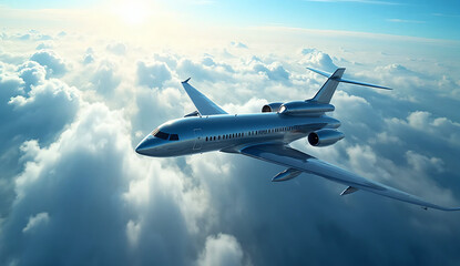 An airplane flying through hot clouds in the blue sky. Daytime. Bright. Travel. Jet.