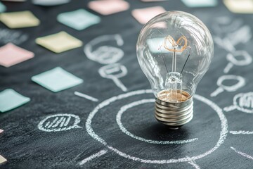 A light bulb sits on a chalkboard surrounded by colorful sticky notes, representing creativity and brainstorming.