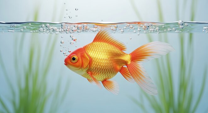Golden fish swimming in clear blue water near aquatic plants bubbles rise