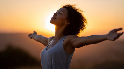 Spiritual awakening concept person embracing the warm sunlight symbolizing rebirth and positivity spirituality, light, mindfulness, rebirth, awakening, freedom, happiness, gratitud