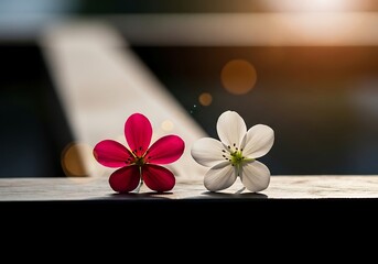 Fototapeta premium Two delicate flowers red and white on wooden surface