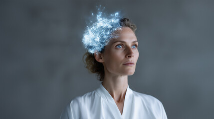 Futuristic vision of human mind woman with digital brain visualization symbolizing artificial intelligence and creativity AI, artificial intelligence, human brain, creativity, inno