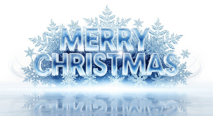 Festive Merry Christmas greeting rendered in a frozen, icy 3D text style, adorned with delicate snowflakes and a glossy reflection on a winter white background
