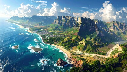 Stunning aerial view of a coastal landscape with mountains and the ocean
