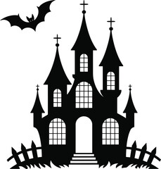 Obraz premium Spooky haunted castle with bats and a graveyard on transparent background silhouette