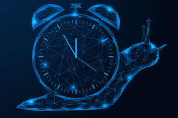 Digital slow time. A snail that has an alarm clock instead of a shell. The concept of a balance between the speed of technology and the natural rhythm of life. Polygonal design, blue background. © Ilya