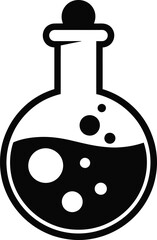 Simple black flask with liquid and bubbles ideal for design on transparent background silhouette