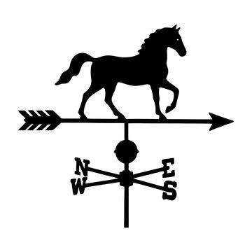 Horse weathervane silhouette with directional arrows and cardinal points  