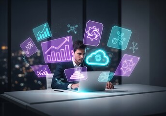 Focused businessman working on laptop with data analysis and cloud computing icons