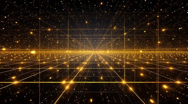 Immersive view from inside an infinite three-dimensional grid of glowing nodes and connections, stretching endlessly to the horizon, symbolizing data networks, connectivity, artificial intelligence, a