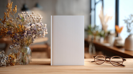 A blank white book cover on a wooden table with a blurred cozy room background, minimalistic and ideal for book mockups.