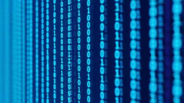 Abstract blue binary code pattern on a dark background, digital data stream