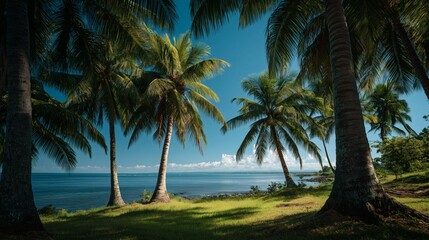 Fototapeta premium Idyllic tropical beach with palm trees against a vibrant blue sky.