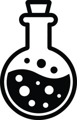 Simple black flask with liquid and bubbles ideal for science on transparent background silhouette