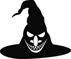 Creepy halloween witch hat with a scary face on transparent background silhouette