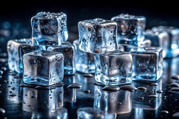 Pile of transparent ice cubes with water drops and blue highlights