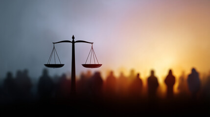 Equality and fairness scales of justice over silhouettes of people justice, equality, fairness, law, human rights, diversity, inclusion, social balance, equity, ethics, impartialit