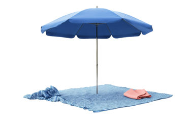 Vacation-ready beach with umbrella, calm waves, and sunny sky for relaxation isolated on transparent background PNG