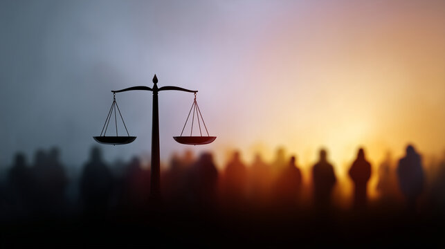 Equality and fairness scales of justice over silhouettes of people justice, equality, fairness, law, human rights, diversity, inclusion, social balance, equity, ethics, impartialit