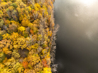 Aerial landscape of a forest and a lake in autumn season.