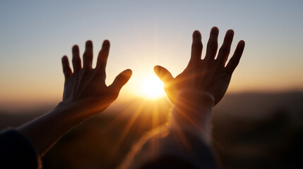 Hands reaching toward the sunlight symbol of hope, faith, and gratitude sunset, hands, light, hope, faith, gratitude, nature, spirituality, peace, mindfulness, serenity, sunlight,