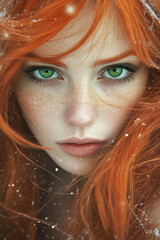 Close up portrait of a young red haired woman with vibrant green eyes and natural freckles in winter snowfall atmospheric fantasy beauty concept for cosmetics fashion banner or mystical character illu