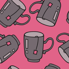 Seamless pattern with hand drawn sketch tea cups. Tea break tiling background. Brown cups with tea bugs. Pink background.