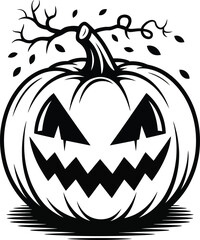 Spooky carved pumpkin with branches and leaves on transparent background silhouette