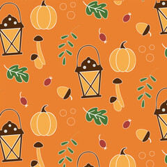 seamless pattern with pumpkins, lantern, leaves, mushrooms