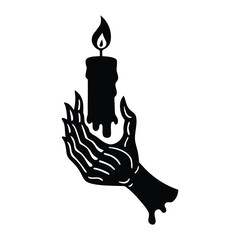 Skeleton Hand Halloween Scene with Burning Candle and Black Wax in Gothic Vector Style