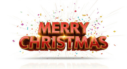 Festive Merry Christmas greeting with bold 3D text and a celebratory explosion of colorful confetti on a reflective white surface