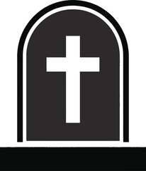 Fototapeta premium Simple black tombstone graphic with a white cross on transparent background silhouette