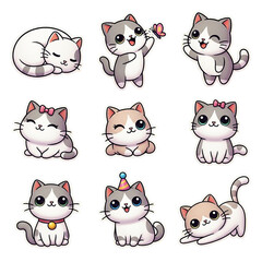 Kawaii Cat Stickers Set Cute Kitten Illustrations Playful Felines Adorable Pets Charming on transparent background