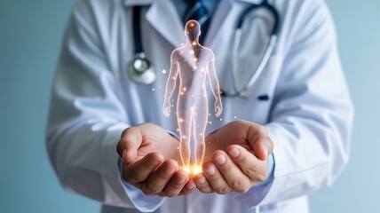 Doctor holds glowing futuristic human figure hologram in hands