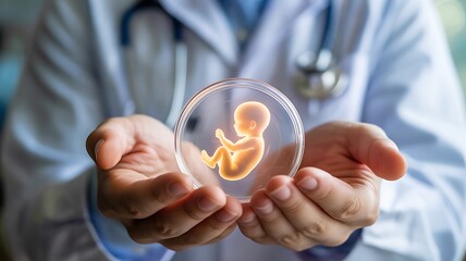 Doctor holds glowing embryo in petri dish science technology