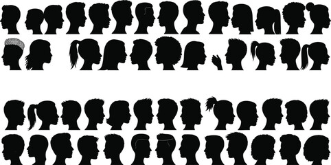 Human head silhouette vector, diverse hairstyle profile collection, male female side view, black icon set, cad drawing flat vector illustration