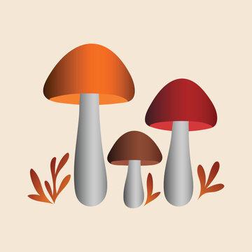Minimal autumn mushroom set with red, orange, and brown mushrooms and ochre leaves. Gradient vector illustration in soft warm tones, perfect for fall designs and seasonal decor