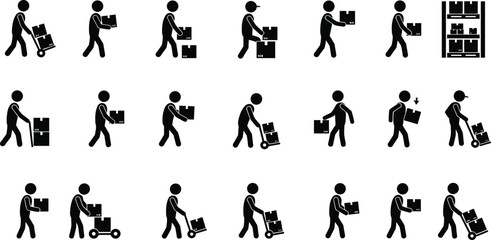 Naklejka premium Warehouse worker silhouettes handling boxes, carts, and shelves, flat vector icons for logistics, delivery, supply chain, e-commerce, and industrial design