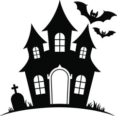 Spooky haunted house with bats and graveyard on transparent background silhouette