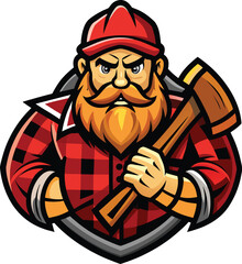 Lumberjack Mascot with Axe and Plaid Shirt beard mustache